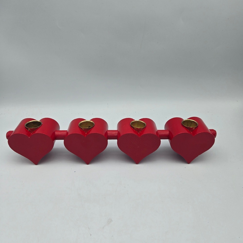 Vintage Red Wooden Hearts Scandinavian Candle Holder Made in Sweden Christmas